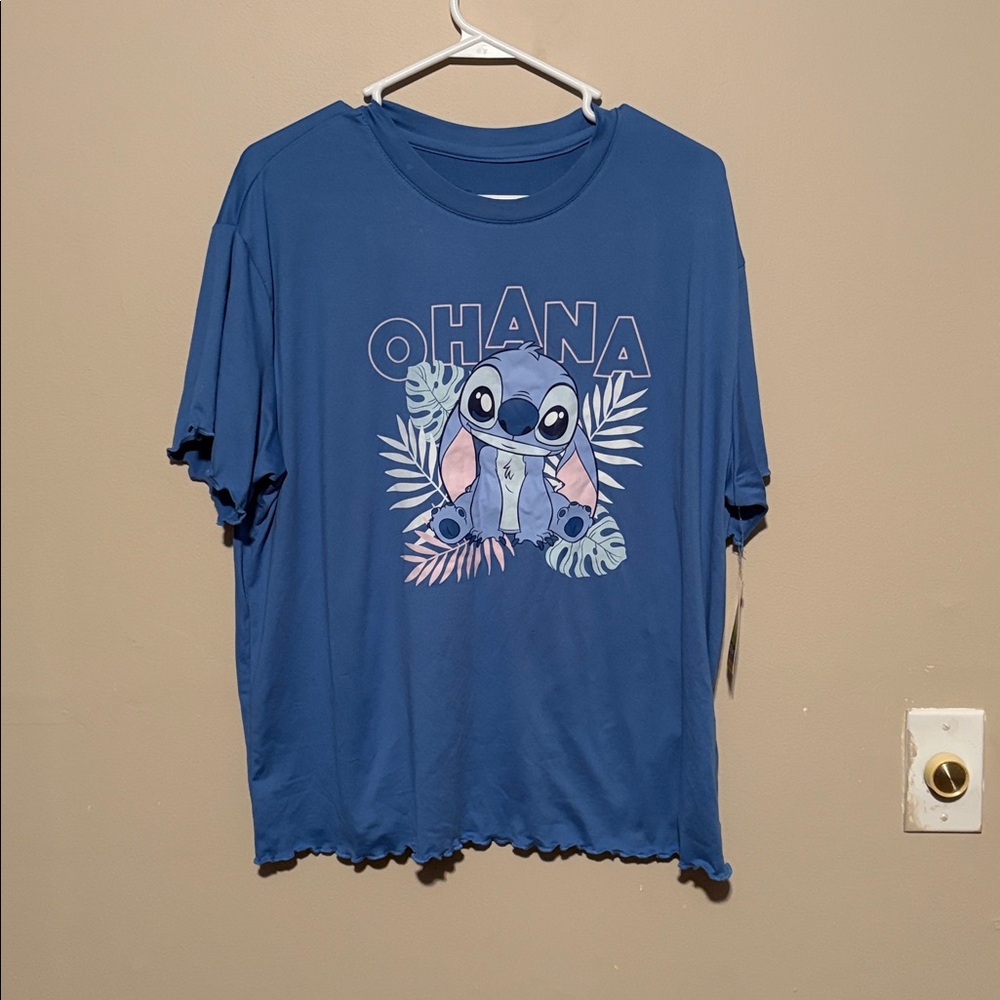 NWT Disney Blue Stitch Short Sleeve Tee Tshirt ruffle sleeves and hem Medium